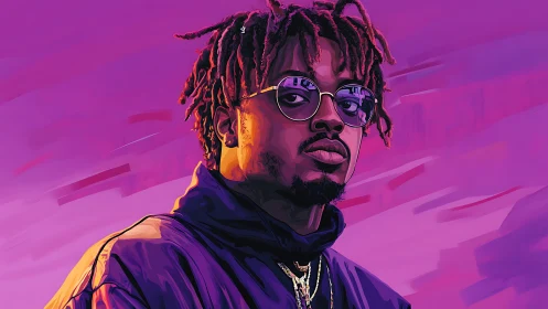 Neon-drenched portrait of a cool icon in violet dusk glow.