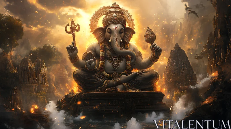 Radiant elephant deity seated in glowing temple ruins.
