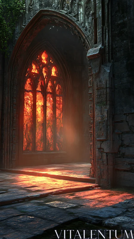 Fiery light spills through ancient gothic archway at dusk