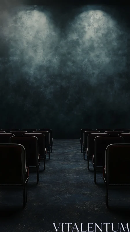 Empty theater hall under twin spotlights, moody scene.