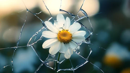 Daisy macro framed by fractured glass shards in soft bokeh.