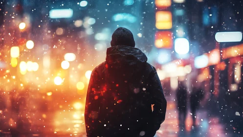 Person in hooded coat on wet night street with neon lights.