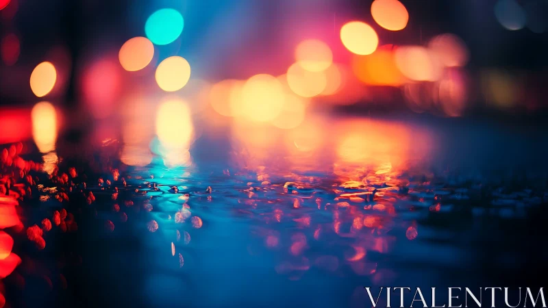 Rain soaked street lights reflected in soft night bokeh.
