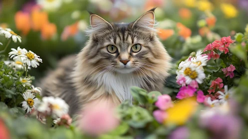 Whisker-framed Garden Majesty: A Tabby's Floral Throne.