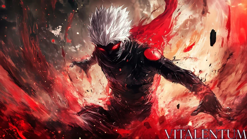 Masked white-haired figure in red and black energy burst.