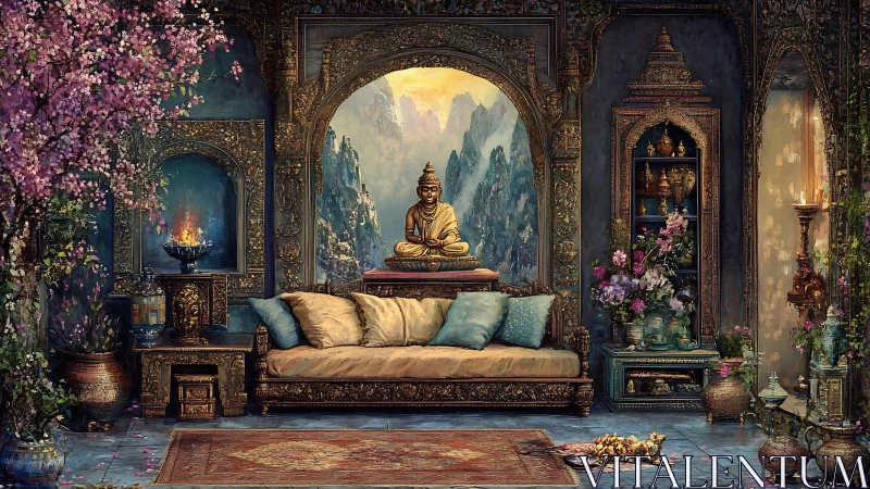 Golden zen parlor cradled by misty mountains and blossoms.
