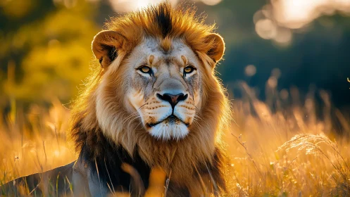 Golden hour lion rests in glowing savannah grasslands