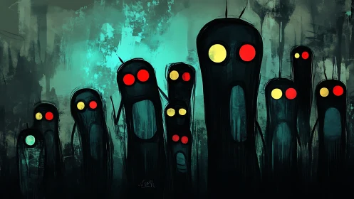 Glowing-eyed shadows huddle in a teal-soaked midnight hush