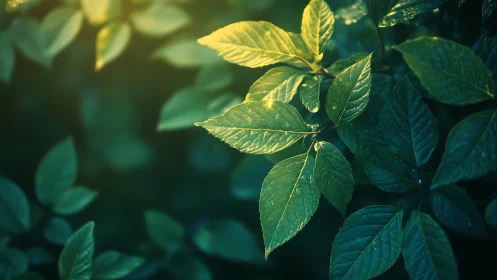 Sunlit green leaves in natural forest setting, soft focus style.