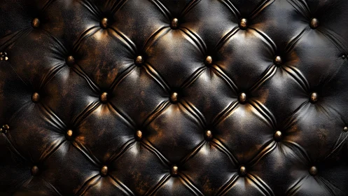 Luxurious tufted black leather upholstery with gold accents, vintage style.