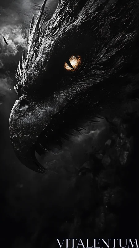 Midnight obsidian raven with ember eye watching worlds burn.