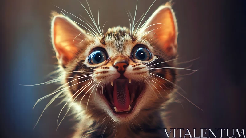 Wide-eyed kitten portrait with dramatic lighting and gleam.