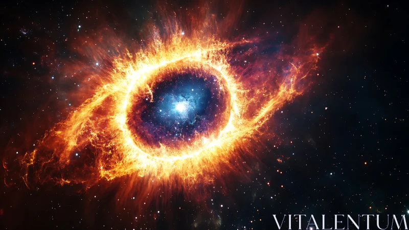 Fiery cosmic eye swirls around a luminous galactic core.
