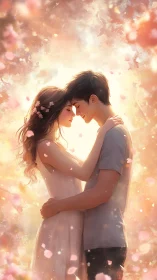 Young Couple Embracing in Warm Floral Light