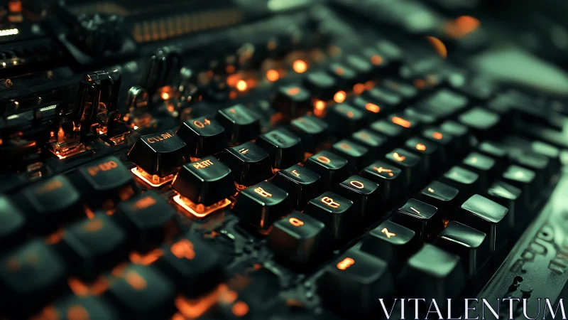 Mechanical keyboard keys glow with orange cybernetic backlight