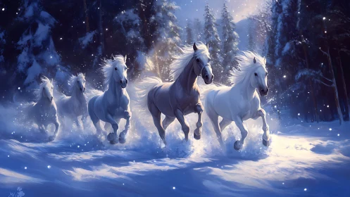 Five white horses running through snowy forest terrain.