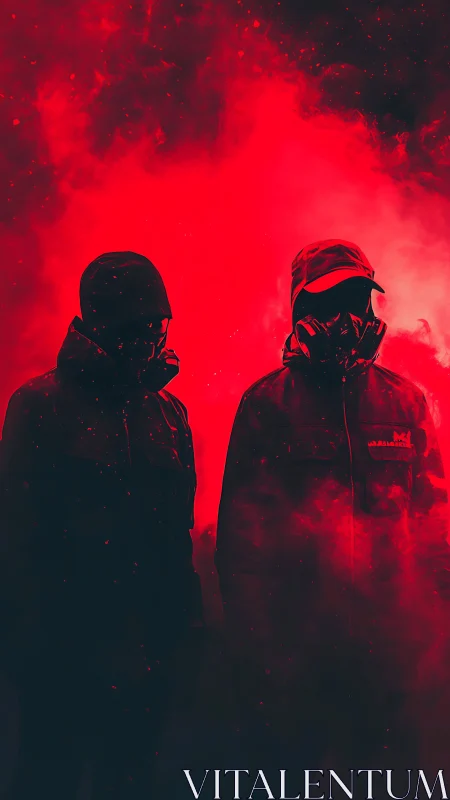 Two masked figures stand in dense red atmospheric smoke