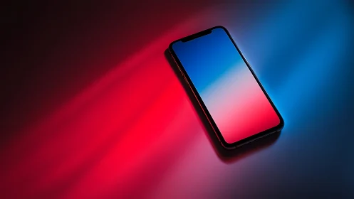 Modern smartphone with gradient display against neon lighting.