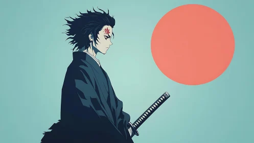 Lone anime swordsman stands under bold red rising sun