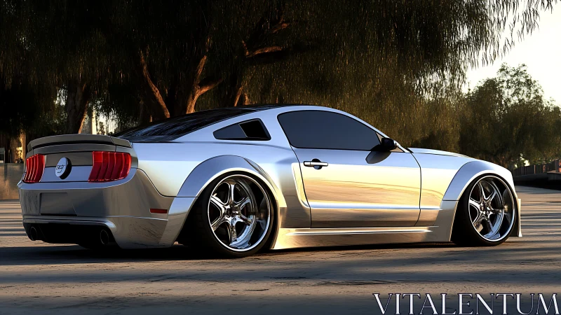 Silver modified coupe parked in low-angle evening light.