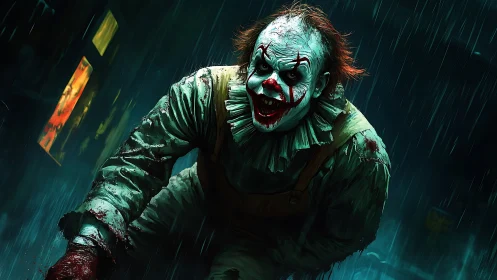 Sinister clown lunges through rain in a neon drenched alley