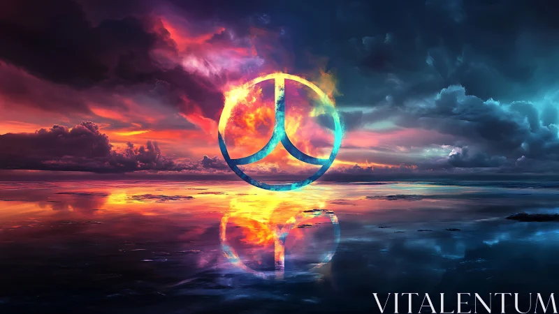 Circular trisection symbol over reflective water horizon.