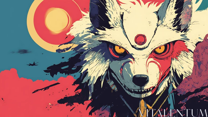 Anime kitsune mask portrait under stylized dual sun sky.