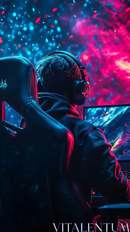 Neon gamer drifts through electric galaxies of pure focus.