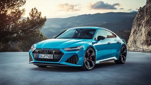 Blue Audi sports sedan stands parked on mountain overlook at dusk