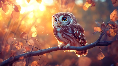 Small owl on autumn branch in golden light, digital art style.