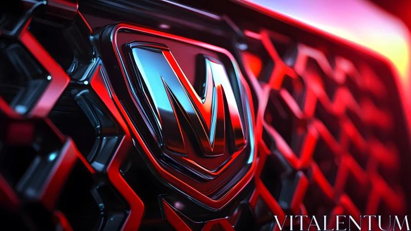 Close-up of Modern Car Grille with Metallic Emblem, Vivid Lighting. Close-up of Modern Car Grille with Metallic Emblem, Vivid Lighting.