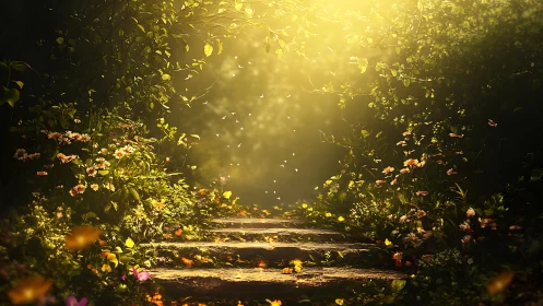 Sunlit garden steps leading toward a secret glowing doorway.