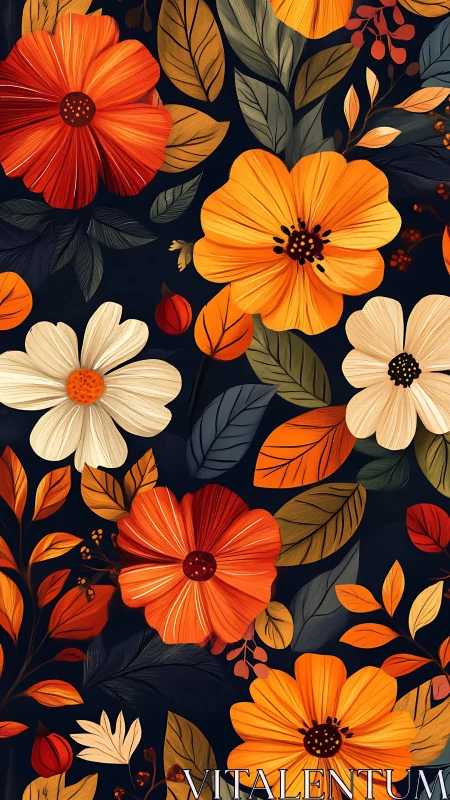 Floral Pattern Study: Cosmos and Foliage on Dark Background