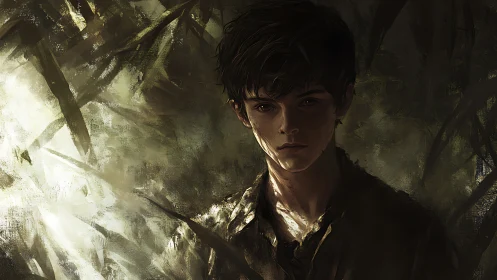Digital painting portrait of solitary boy in dappled forest light.