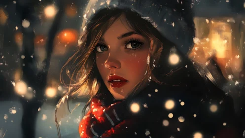 Nocturnal winter portrait with luminous bokeh snowfall dynamics.