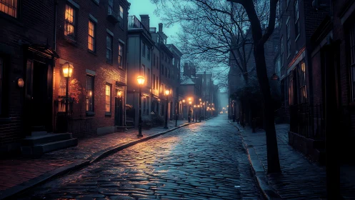 Foggy cobblestone street glows under warm vintage lamplight.