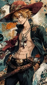 Brooding pirate wanderer stands bold in ornate red hat