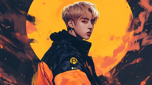 Youthful figure in orange jacket stands before blazing sun