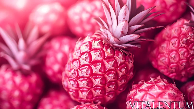 Close-up view of multiple pink pineapples in soft light.