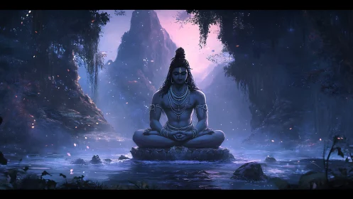 Mystic Shiva meditation amid moonlit Himalayan gorge.