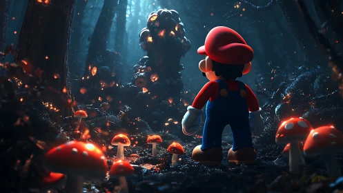 Heroic plumber explores glowing mushrooms in eerie forest