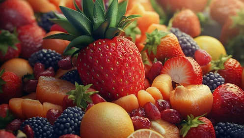 Crowned strawberry rising above a jeweled orchard of fruits.