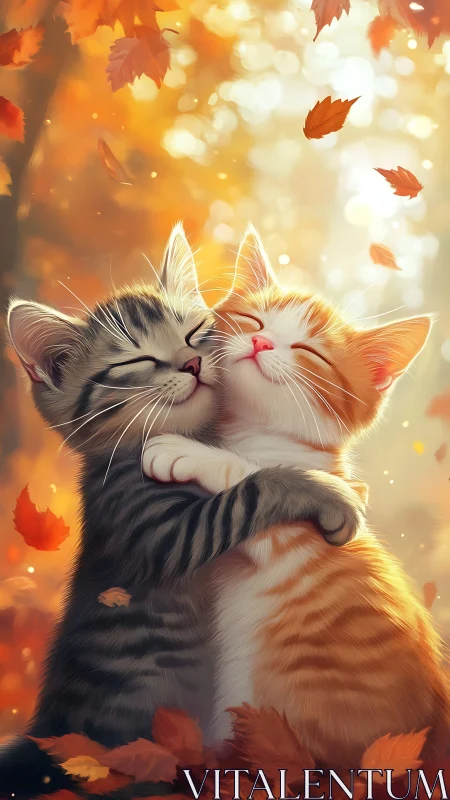Two Affectionate Cats Embracing in Autumn Leaf Bokeh