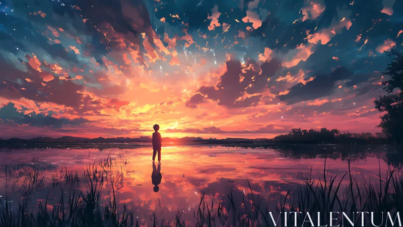 Solitary child beneath blazing watercolor sunset sky.