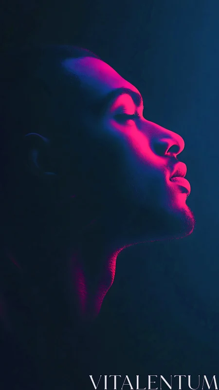 Side profile portrait shows man in pink and blue neon light