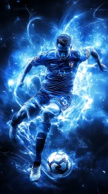 Electrified football striker carved from streaking blue light.
