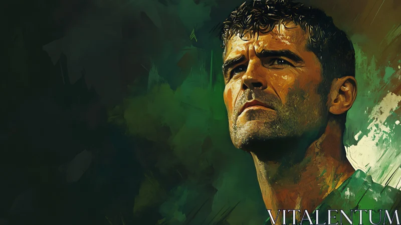 Determined male portrait emerges from abstract green textures