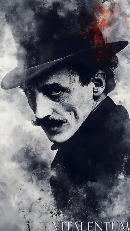 Digital painting portrait with noir smokewash textural field.