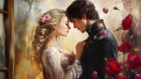 Romantic Portrait of Period Embrace with Floral Setting.