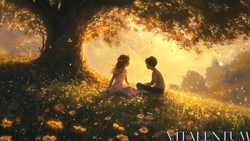 Two children converse beneath ancient tree in luminous meadow.